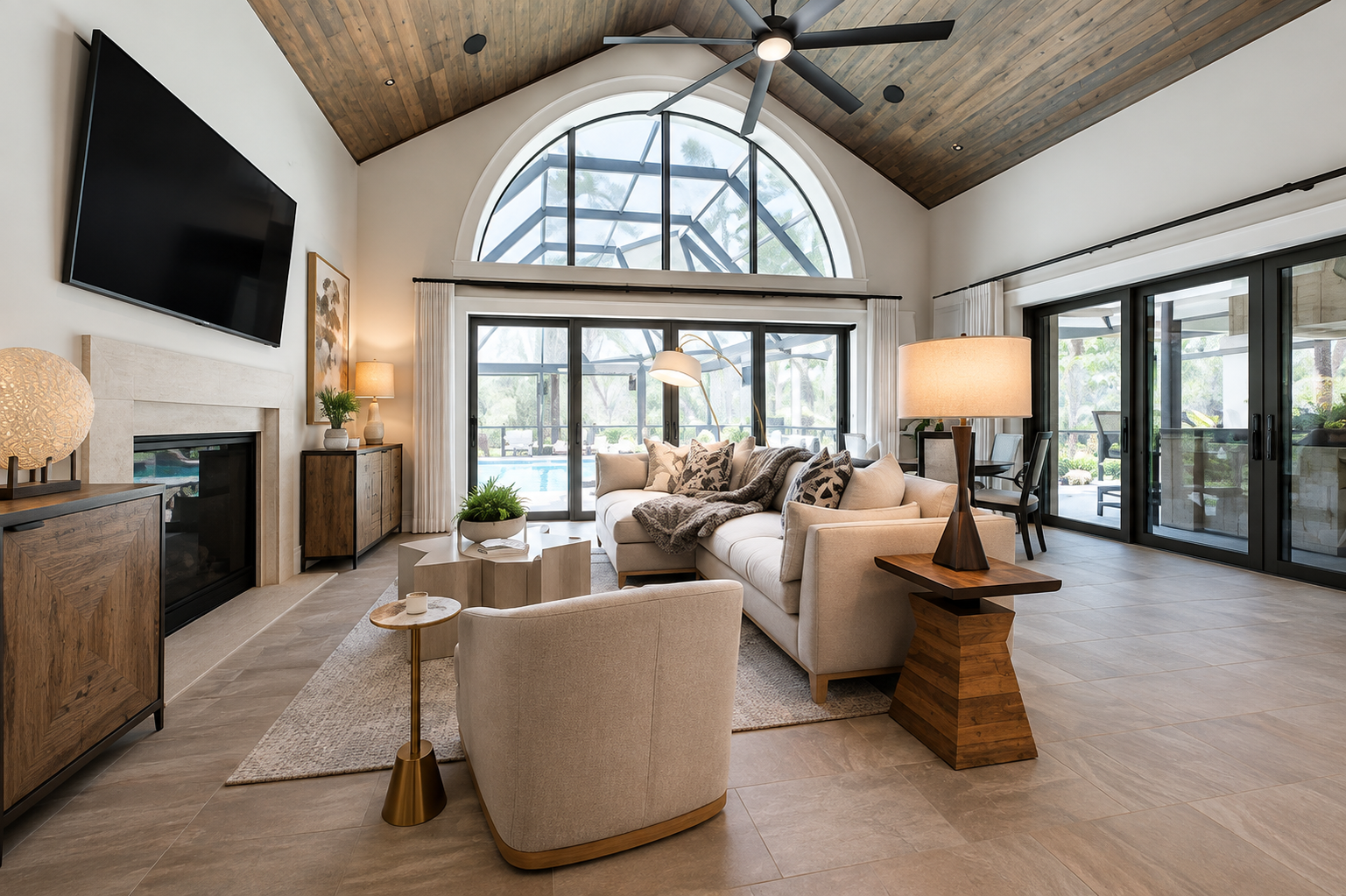 Elegant coastal living room with neutral tones and natural light