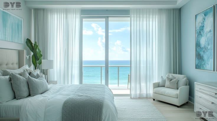 Bright coastal bedroom with custom window treatments and linen bedding