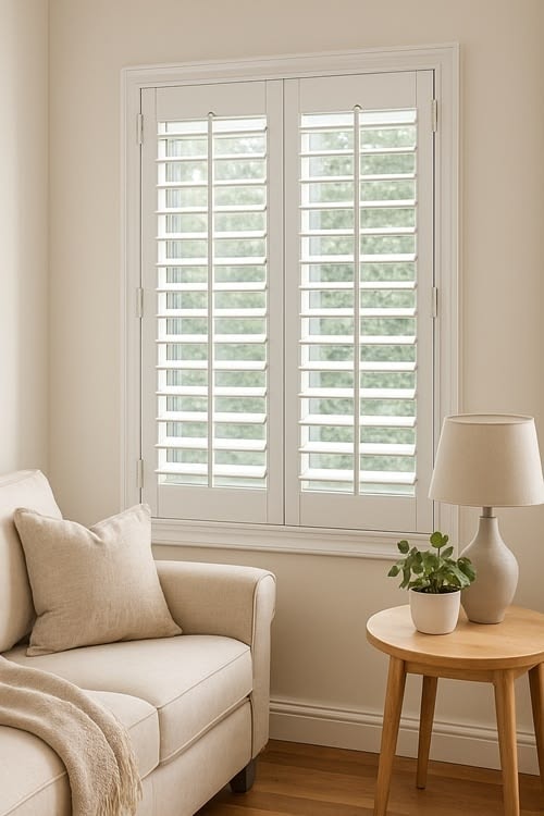 Custom white plantation shutters in a bright neutral living room