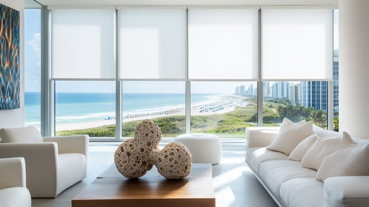 Coastal style roller shades in a bright living room with ocean view